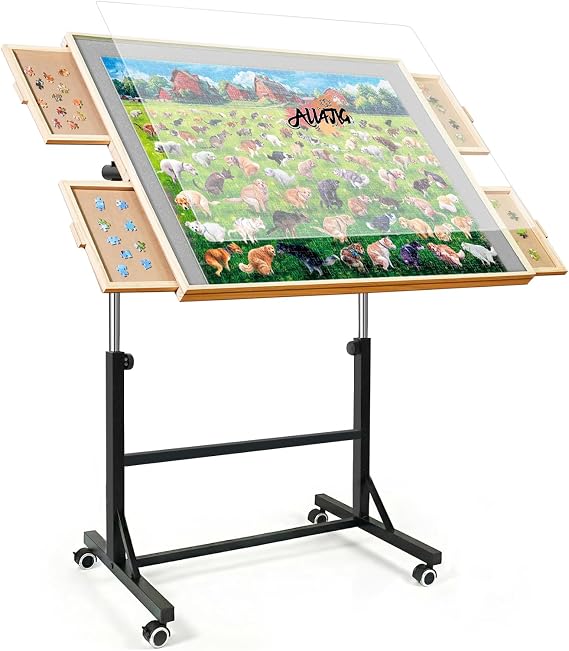 ALL4JIG 2000 Pieces Puzzle Table with Legs and Wheels, 28.50"40.16 Wooden Jigsaw Puzzle Table with 4 Drawers&Cover for Adults,Upgraded Stability Design,Laptop Table for Couch, for Bricks Building
