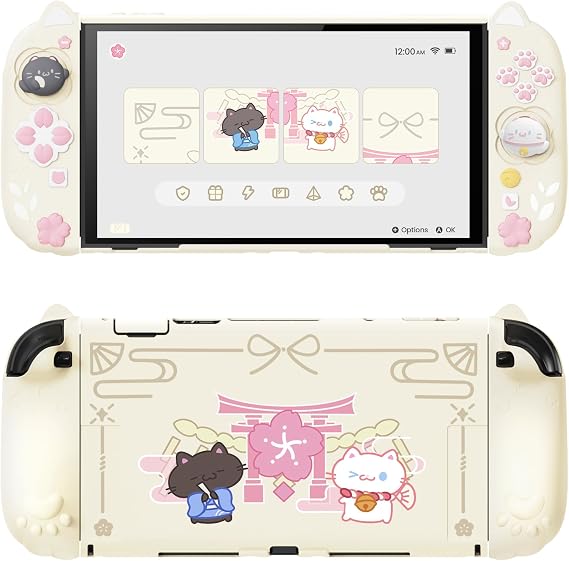 playvital Cherry Blossoms Kitten Silicone Grip & PC Shell Case for Nintendo Switch 2 - Antique Yellow| Cat Ear & Paw Joycon Covers + Dockable Protection + Extra Adjustable Stand