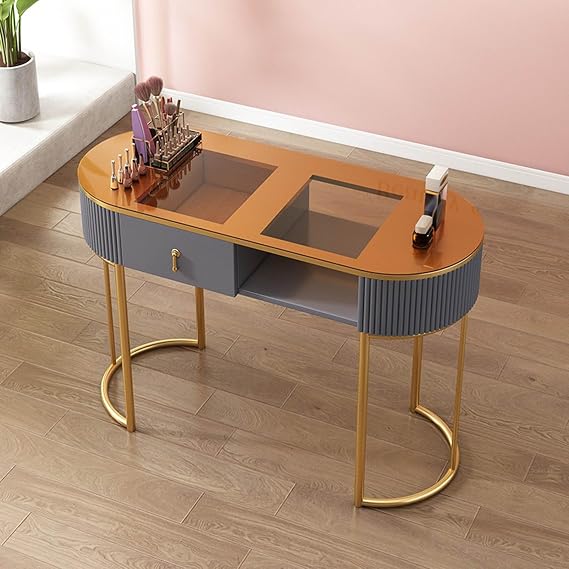 Professional Nail Tech Desk - Modern Wooden Manicure Table with Drawers & 3-Tier Storage Cabinet - Ideal for Home Beauty Salon & Spa Equipment,Gray Glass Desktop-100cm