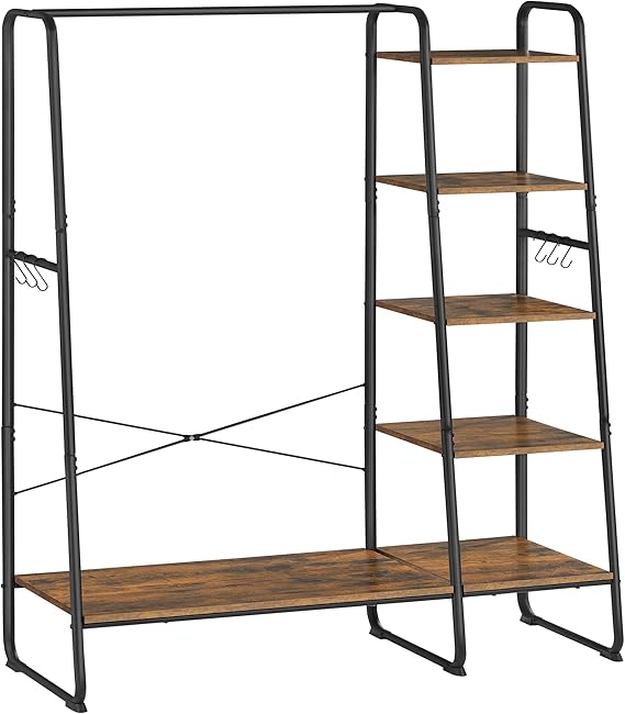 VASAGLE clothes hanger, coat rack, 5 stage, 45 x 120 x 160 cm, shoe hanger coat rack, clothes hanger, outdoor wardrobe, 6 hooks, industrial design, vintage brown-black RGR116B01