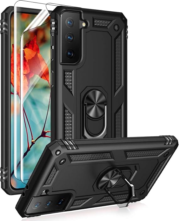 for Samsung Galaxy S21 Plus 5G Case with HD Screen Protectors, Androgate Military-Grade Metal Ring Holder Kickstand 15ft Drop Tested Shockproof Cover Case for Galaxy S21+ Black