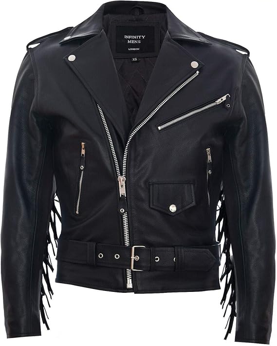 Mens Fringe Hide Leather Brando Tasseled Motorcycle Jacket Retro Biker
