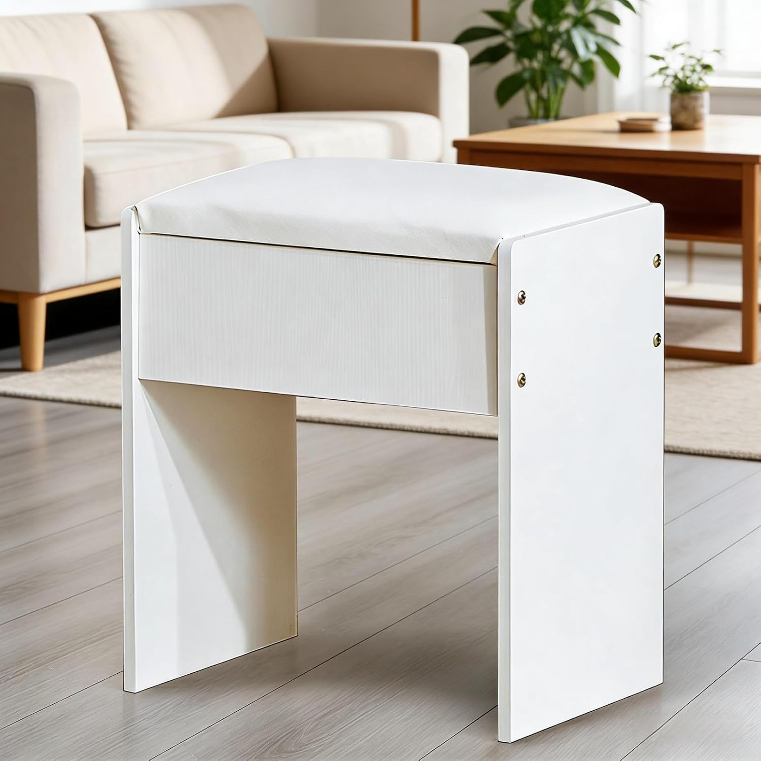 Modern Vanity Stool with Padded Seat, Comfortable Makeup Bench for Dressing Table, Stylish Vanity Chair for Bedroom/Living Room (White, 40L x 23.5W x 43H cm)