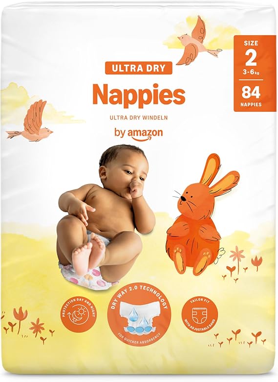 By Amazon Ultra-Dry Diapers, Size 2 (3-6 kg), Channeled, White, 84 Count (1 Packs of 84) - New Version (Formerly a Mama Bear brand, same product)