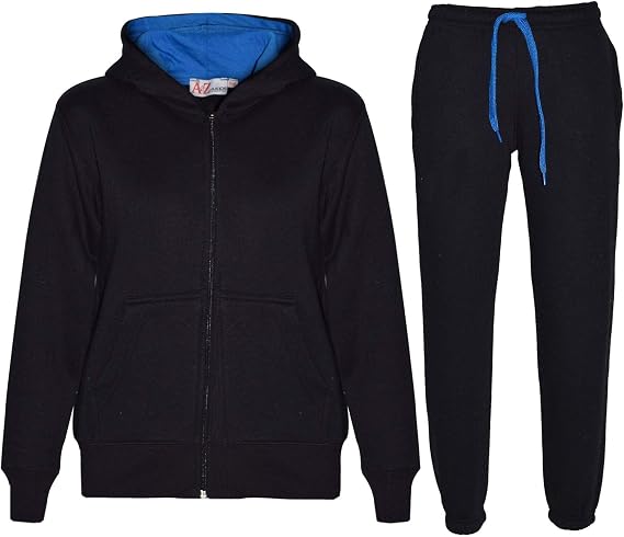 A2Z 4 Kids Girls Boys Plain Tracksuit Contrast Trim Fleece Hoodie with Joggers Jogging Sweatpants Pants Sports Outfit Set