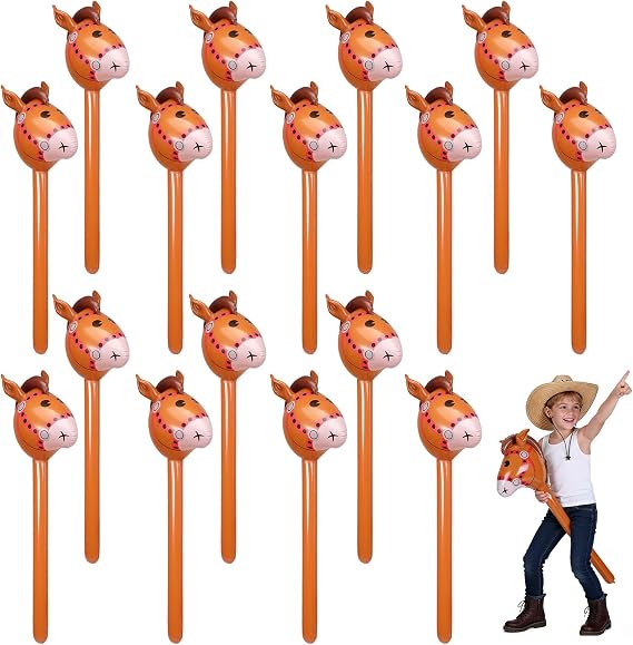 Kifmurase 16PCS Inflatable Stick Horse 37 Inch Blow Up Horse Head on Stick Pony Stick Balloon for Western Cowboy Theme Birthday Party Decoration Halloween Supplies Favors Props
