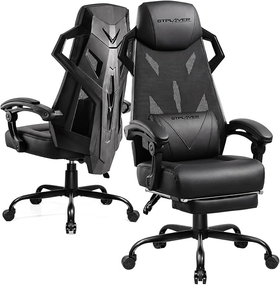 GTPLAYER Gaming Chair, Computer Chair with Mesh Back, Ergonomic Gaming Chair with Footrest, Reclining Gamer Chair with Adjustable Headrest and Lumbar Support for Gaming and Office (Black)