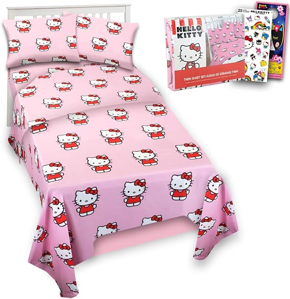 Hello Kitty Sheet Set - Bundle of Hello Kitty Bedding Including: Flat Sheet, Fitted Sheet, and Pillowcase for Twin Bed Plus Stickers, More for Kids
