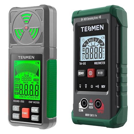 TESMEN TM-510 Digital Multimeter & Hound-200 EMF Detector, 3-in-1 Electromagnetic Field Detector and 4000-Count Smart Auto-Ranging Voltmeter with NCV Function