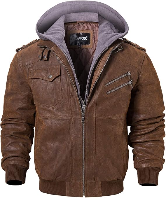 FLAVOR Men Brown Leather Motorcycle Jacket with Removable Hood