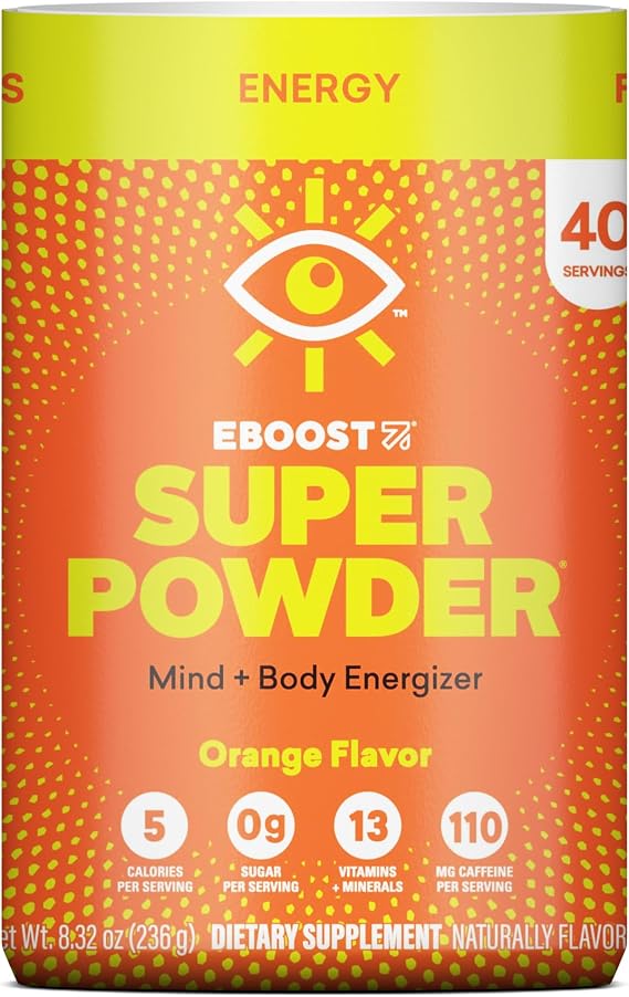 EBOOST Energy Drink & Electrolyte Powder Drink Mix - Super Powder Orange with No Added Sugar, Blend of Vitamins, Nootropics, Natural Caffeine & Hydration - Pre & Post Workout - 40 Serving Tub