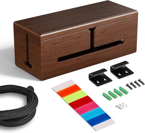 Large Cable Management Box-Stylish Wire Organizer, Wire Concealer and Wire Management Box-Wire Management Box with Protective Sleeve (Brown)