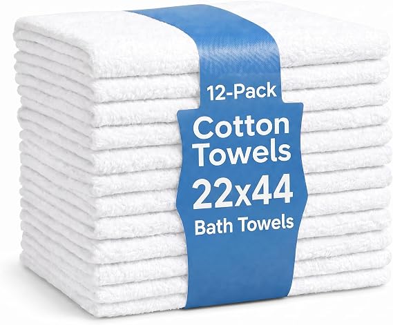 White Cotton Bath Towels 12-Pack (22x44), Lightweight Quick-Dry Gym & Pool