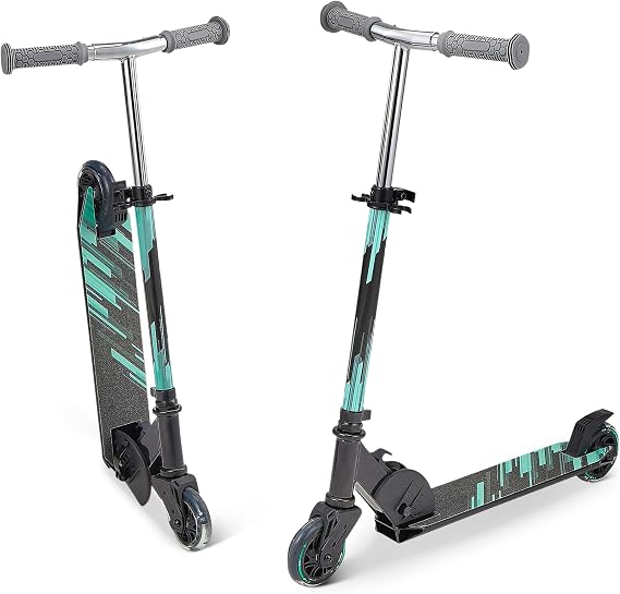 Amazon Basics Kids Kick Scooter, Foldable, Light Up Wheels, Adjustable Handlebar, Aluminum Frame, 3.9-Inch Wheels, Black/Teal
