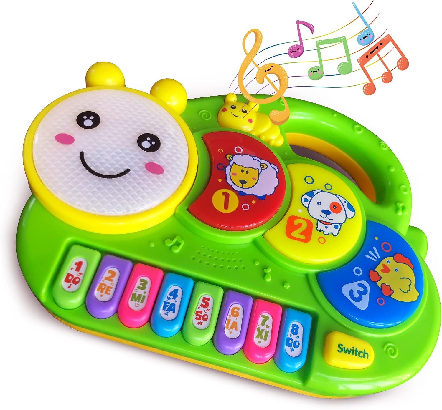Baby Piano Drum 6-12 Months Toy, Caterpillar Piano Keyboard Drum Light Up Sound Musical Toy, Learning Educational Interactive Infant Toddler 12-24 Months Gift