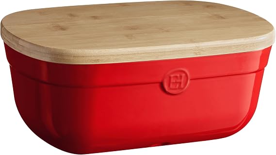 Emile Henry Ceramic Bread Box for Storage & Slicing 14"x 9.85"x 6" Burgundy