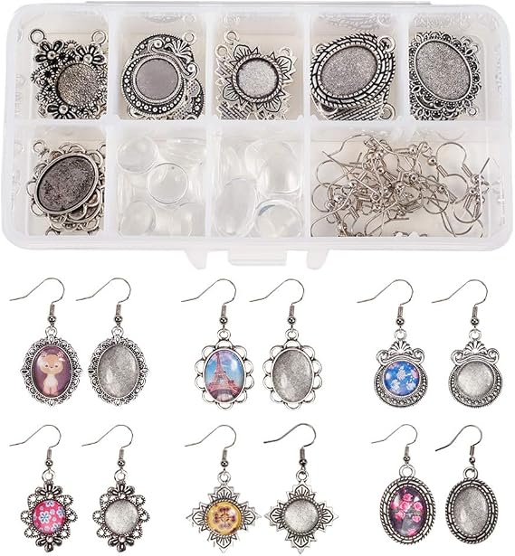 SUNNYCLUE 1 Box 72 Pieces 6 Style DIY 12 Pairs Glass Dome Cabochon Earrings DIY Starter Kits Photo Jewellery Accessories Craft Kit for Jewellery Making Women Setting for Cabochon Antique Silver
