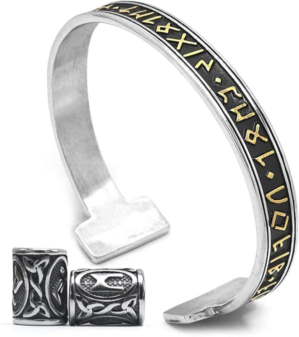 Viking Mens Rune Cuff Bracelet Stainless Steel, Vikings Torc Bangle for Men, Adjustable, Bonus 2X Rune Bead