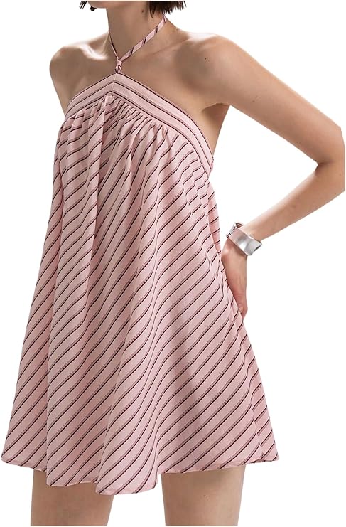 OYOANGLE Women's Striped Halter Dress Y2K Summer Going Out Mini Dresses