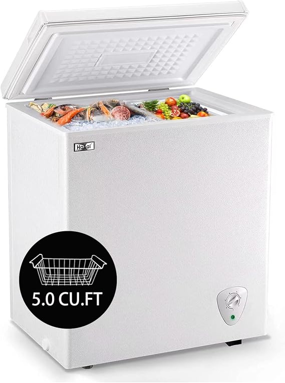 Chest Freezer 5.0 Cu.Ft Small Deep Freezer White Top Door Mini Freezer with Removable Basket, Low Noise, 7 Adjustable Temperature and Energy Saving Perfect for Home Garage Basement Dorm or Apartment