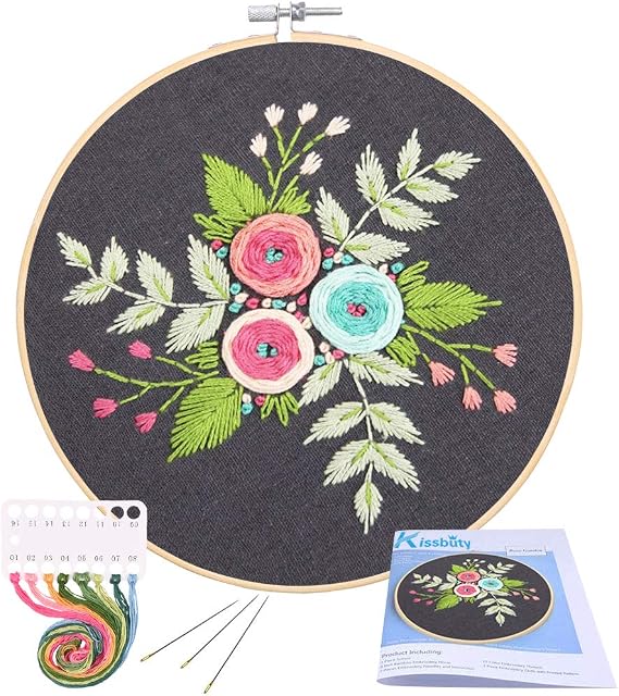 KISSBUTY Full Range of Embroidery Starter Kit with Pattern, Cross Stitch Kit Including Embroidery Fabric with Floral Pattern, Bamboo Embroidery Hoop, Color Threads Tools Kit (Colored Roses)