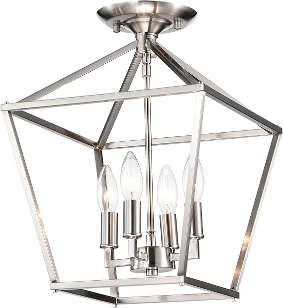 Edvivi 12 in. Semi-Flush Mount Ceiling Light, 4-Light Brushed Nickel Farmhouse Ceiling Light Fixture for Foyer, Dining Room, Bedroom, Hallway, Kitchen Island