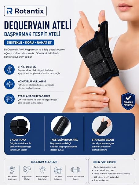 Başparmak Tespit Ateli, De Quervain Tendon İltihabı İçin Alüminyum Balenli Sabitleyici Bileklik, Anne Bileği ve Tendinit Ağrı Giderici, Sağ-Sol Uyumlu Ortopedik Destek