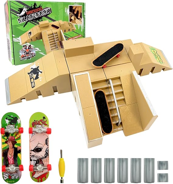 Morofme Finger Skateboard Ramps Sets, Fingerboard Skatepark with Metal Mini Finger Skateboard, DIY Assembly Fingerboard Ramps for Finger Training Props Toys Sports Training Gift(5 In 1)