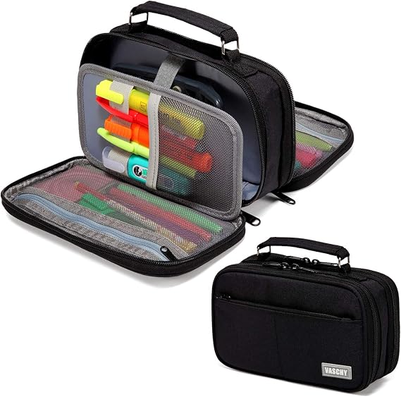 VASCHY Pencil Case, Large Pencil Pouch with Compartments for Middle School,Work,Office Pen Organizer Holder School Supply Black