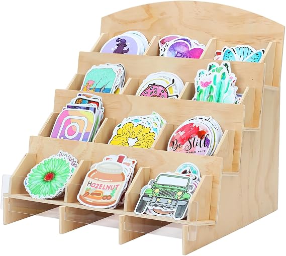PACMAXI 4 Tier Wooden Sticker Display Stand Organizer with 12 Pockets