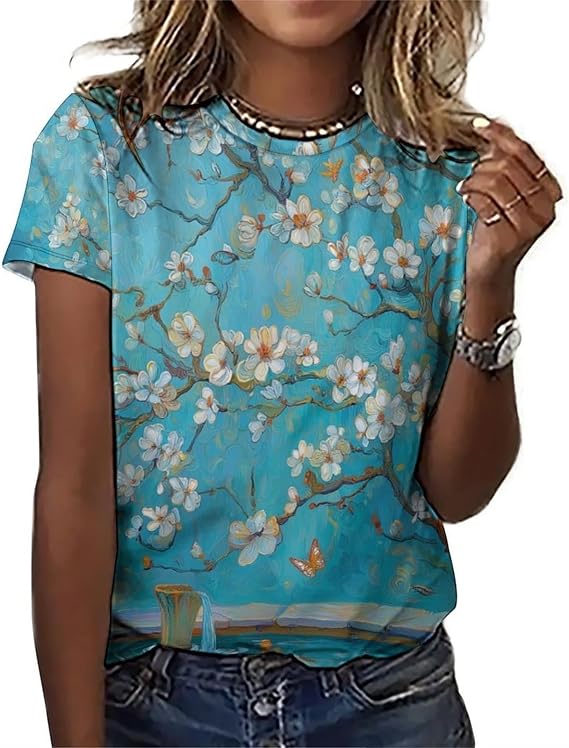 joo meryer Womens Art Painting Starry Night Short Sleeve Oversized T-Shirts