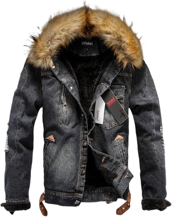 Men’S Denim Jacket Men's Retro Plush Denim Jacket Casual Tear Patch Coat for Men