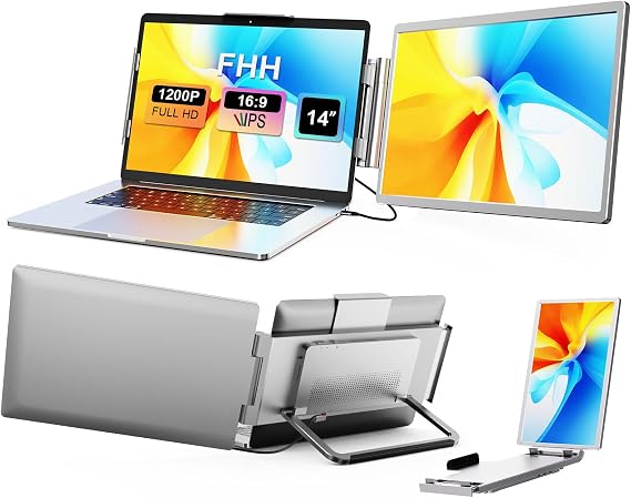 FHH Screen Extender Monitor Portable: 14" Triple Screen Laptop Monitor Extender with Stand Compatible, 1080P FHD lPS, Plug & Play for Wins/Mac/Chro