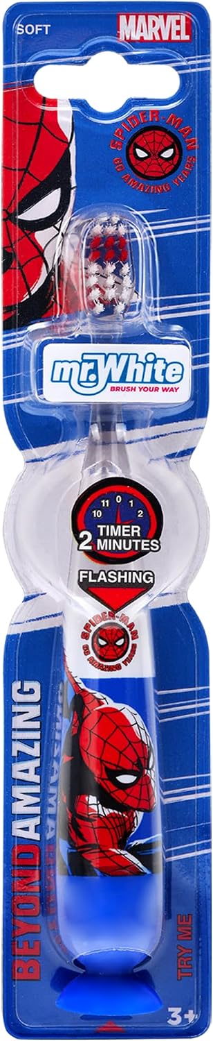 Marvel Spiderman Kids LED Toothbrush with 2 Minute Flashing Light Timer, Soft Bristles, Non-Slip Handle & Suction Cup for Children Aged 3-14 Years Old, BPA-Free & Non-Toxic Kids Light Up Toothbrush