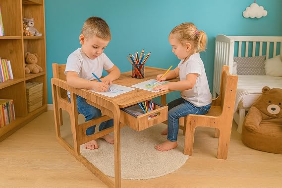practicaloutdoor Wooden Children's Play & Activity Table and Chair Set with Drawers for Two - 18mm Walnut Color MDF
