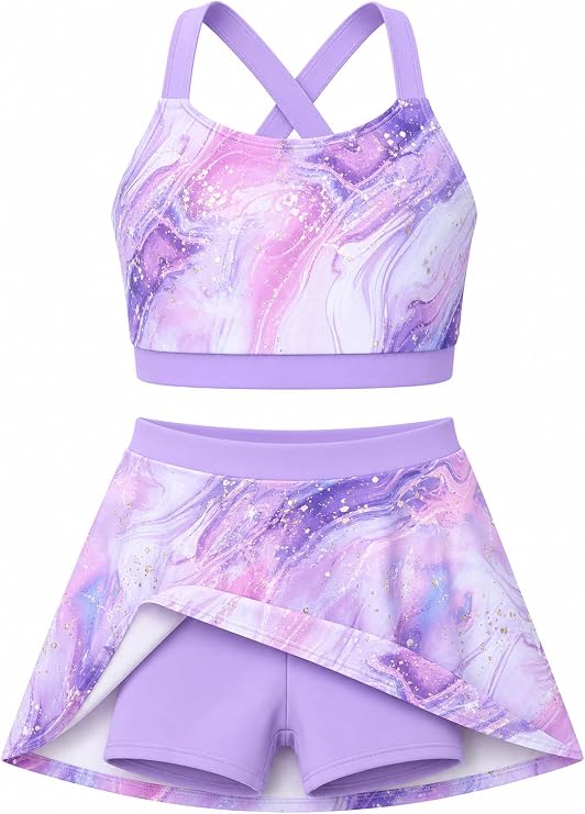 JiAmy 2 Piece Girls Tankini Swimsuits Cross Back Bathing Suits with Skirt