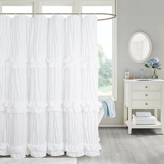 White Ruffle Shower Curtain Shabby Chic Victorian Bathroom Curtains 72x72