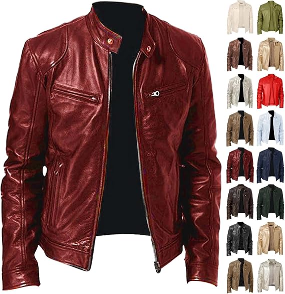 Leather Jacket Mens Full Zip Slim Fit Biker Motorcycle Racer Jacket Vintage Faux Leather Bomber Aviator Jackets with Pockets Fleece Lined Winter Autumn Retro Solid PU Wax Coats for Men