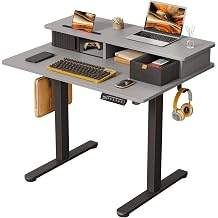JOY worker Height Adjustable Electric Standing Desk with Storage Shelves, 35 Inch Table with Built-in Monitor Stand, Sit Stand Desk with 2 Hooks for Home Office, Grey