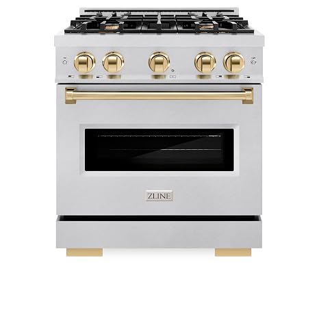 ZLINE Autograph Edition 30 in. 4.2 cu. ft. Classic Dual Fuel Range with 4 Burner Gas Cooktop and Electric Convection Oven in Satin Stainless Steel with Polished Gold Accents (CDRSZ-30-G)