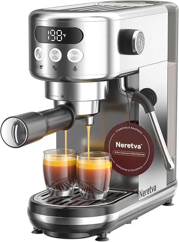 Neretva 20 Bar Portafilter Machine Small Espresso Machine Stainless Steel Professional portafilter coffee machine with LED display and strong milk frother for barista/espresso/latte and cappuccino