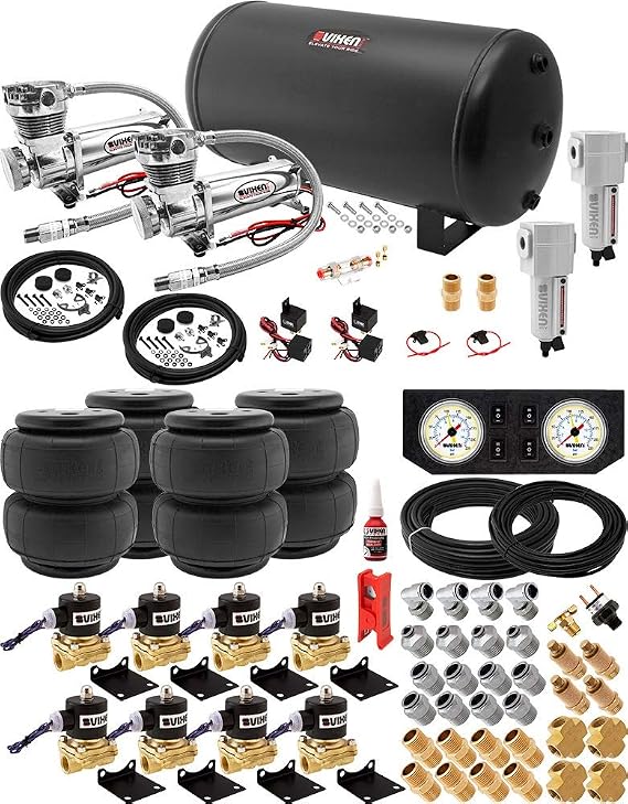Vixen Air Suspension Kit, 200 PSI Compressors, 6 Gallon Tank, 4 Air Bags Universal Onboard Air Ride System for Truck, RV, Car | for Heavy Load Leveling, Towing, Train Horns, VXX1208FW/4863DCF