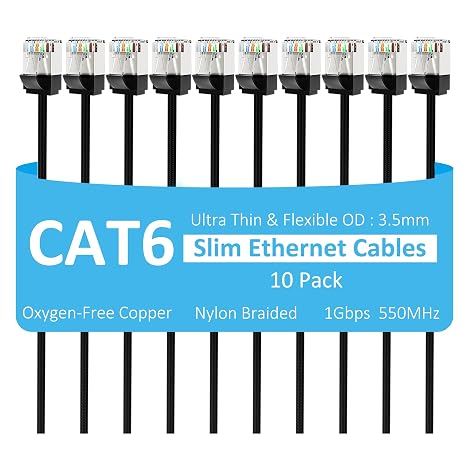 Slim CAT6 Ethernet Cable 3 FT (10-Pack), Snagless Cat 6 Patch Cable, Nylon Braided, 1Gbps, Internet Network Cables, Ultra Slim Cat6 Cables, UTP, Black Cables -10 Pack