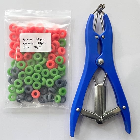 Goat Banding Tools Livestock Bander and Bands Kit with 1pc Expander Plier, 100pcs Rings (Blue Orange and Green)