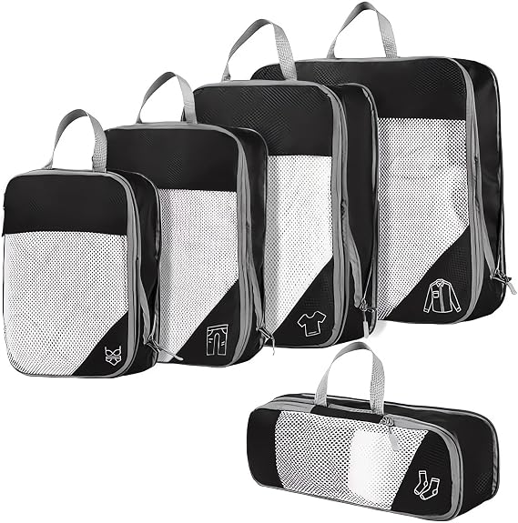 LANSKLBD 5 Set Compression Packing Cubes for Suitcases, Luggage Packing Organizers Mesh Bag for Road Trip Travel Accessories (Black)