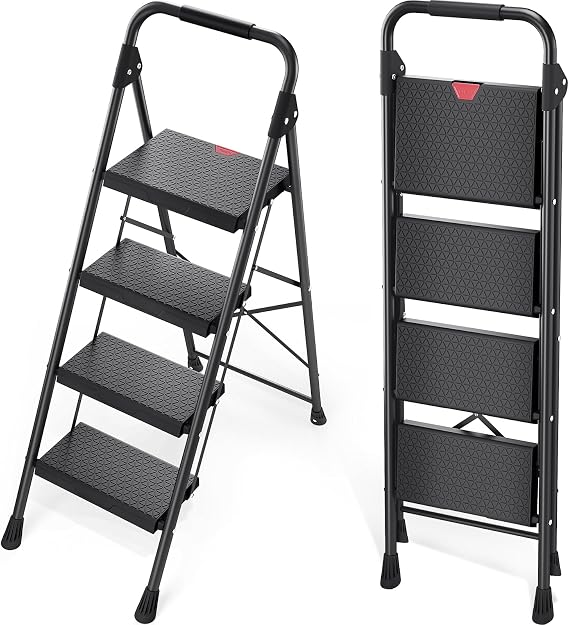KINGRACK 4-Step Ladder with Handrail, Folding Steel Step Stool, Black
