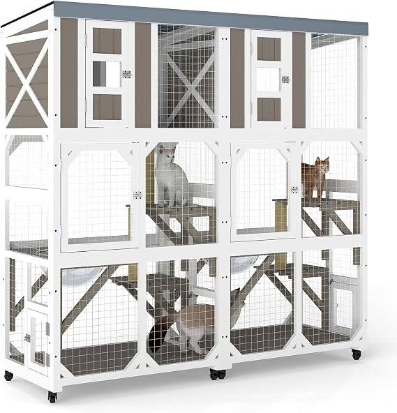 64.4" L Catio Outdoor Cat Enclosure,Outdoor Cats House with 10 Platforms & 2 Space Capsules,Wooden Cat Catio Cats Enclosure with Weatherproof Oxford Cloth Roof & 8 Wheels,Grey