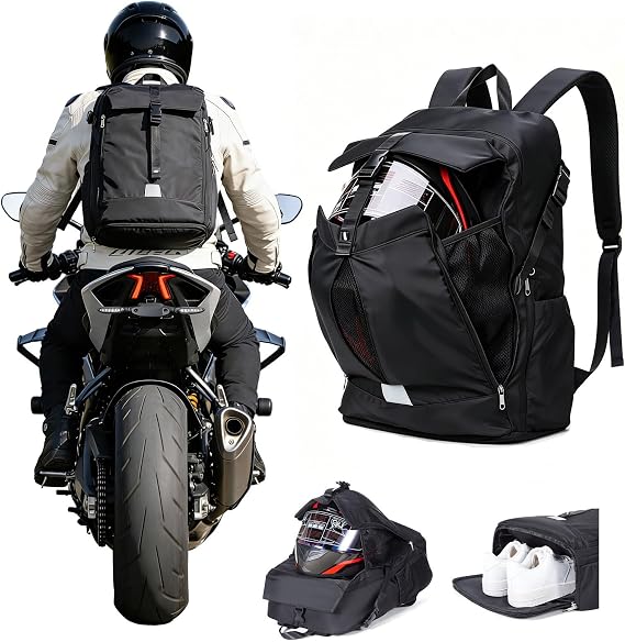 SEAFEW Large Motorcycle Helmet Backpack, Ventilated Commuter Bag Black
