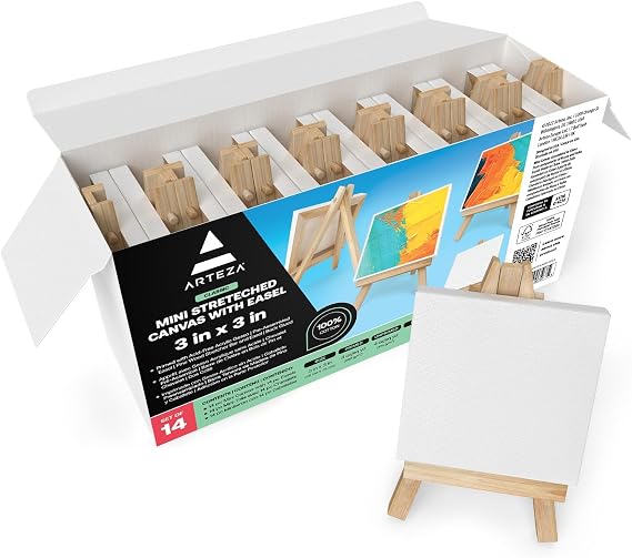 ARTEZA Small Canvases for Painting with Easels, Pack of 14, 3 x 3 Inches, Blank White Canvas for Painting, Art Supplies for Acrylic, Oil and Gouache