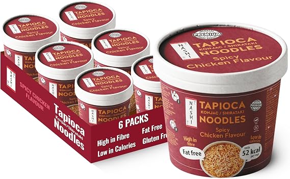 Nashi Tapioca Konjac Shirataki Pot Noodles Spicy Chicken Flavour 150g (Pack of 6) – Low Calorie 52 kcal Instant Cup Noodles, High Fibre & Fat Free, Suitable For Gluten-Free Diets | Ready to Eat Meal
